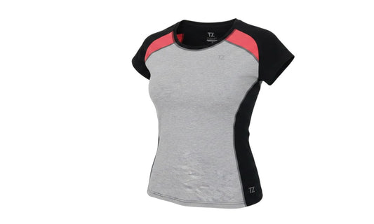 Prewornwholesale Training Zone women's grey and black athletic t-shirt with pink shoulder accents and round neck