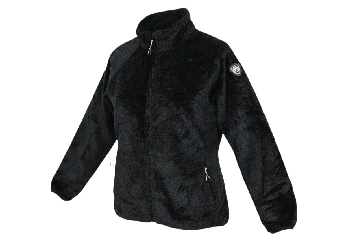 Prewornwholesale Trespass women's black soft fleece jacket with full zip, high collar, and pink zip pull details.