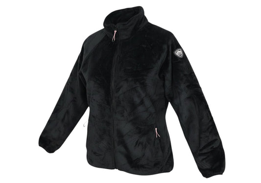 Prewornwholesale Trespass women's black soft fleece jacket with full zip, high collar, and pink zip pull details.