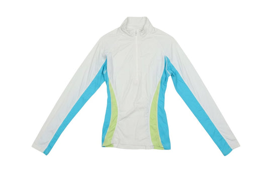 Prewornwholesale Trespass women's white, turquoise, and lime green colourblock quarter-zip activewear pullover top.