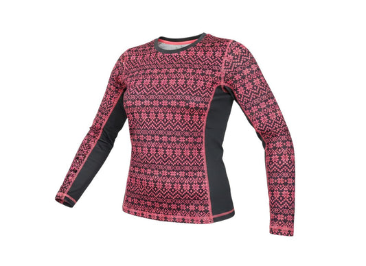 Prewornwholesale Trespass women's long sleeve active top in black and pink with a geometric pattern and crew neck.