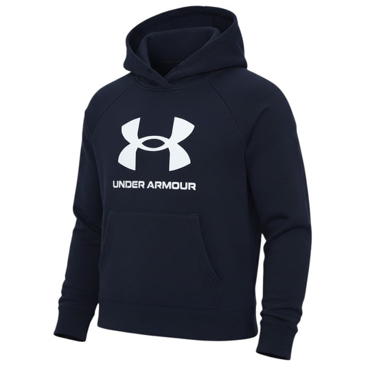 Prewornwholesale Under Armour women's black pullover hoodie with white chest logo, kangaroo pocket, and raglan sleeves.