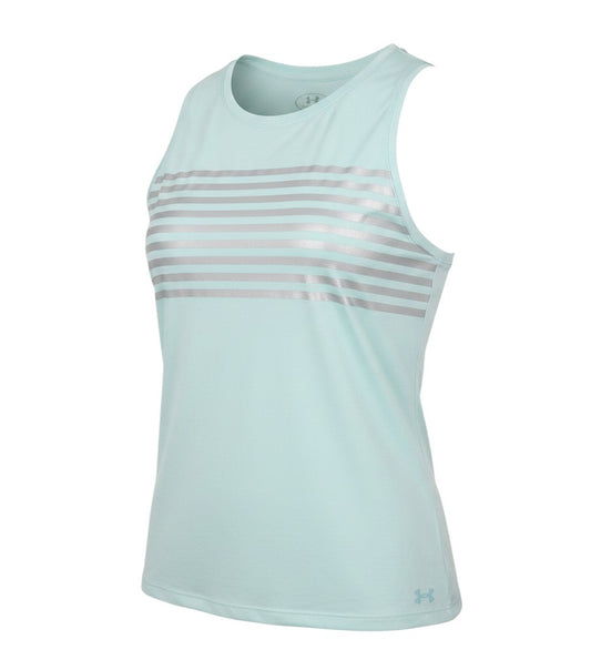 Prewornwholesale Under Armour women's light blue crew neck sports tank with silver horizontal chest stripes