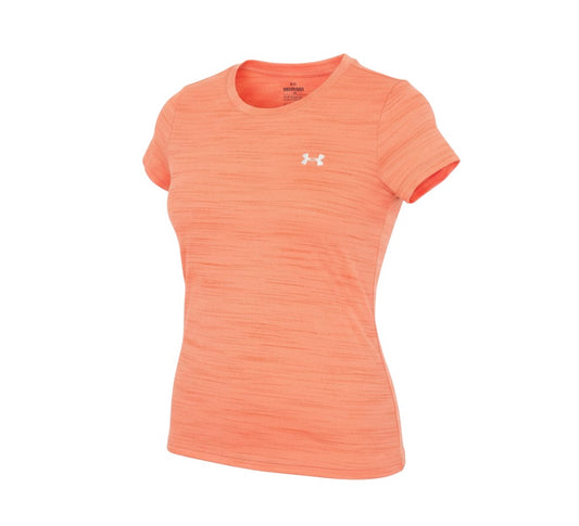 Prewornwholesale Under Armour women's orange heathered polyester crew neck gym training t-shirt with white logo