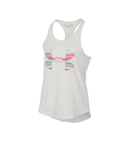 Prewornwholesale Under Armour white racerback tank top with a multi-colored striped logo graphic for athletic wear.