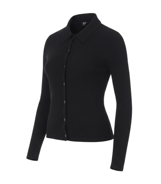 Prewornwholesale UNIQLO women's black 100% wool rib knit cardigan with a collared neckline and button-front closure.