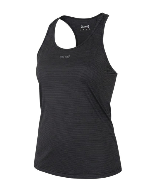 Prewornwholesale USA Pro black racerback gym tank top in moisture-wicking nylon blend fabric