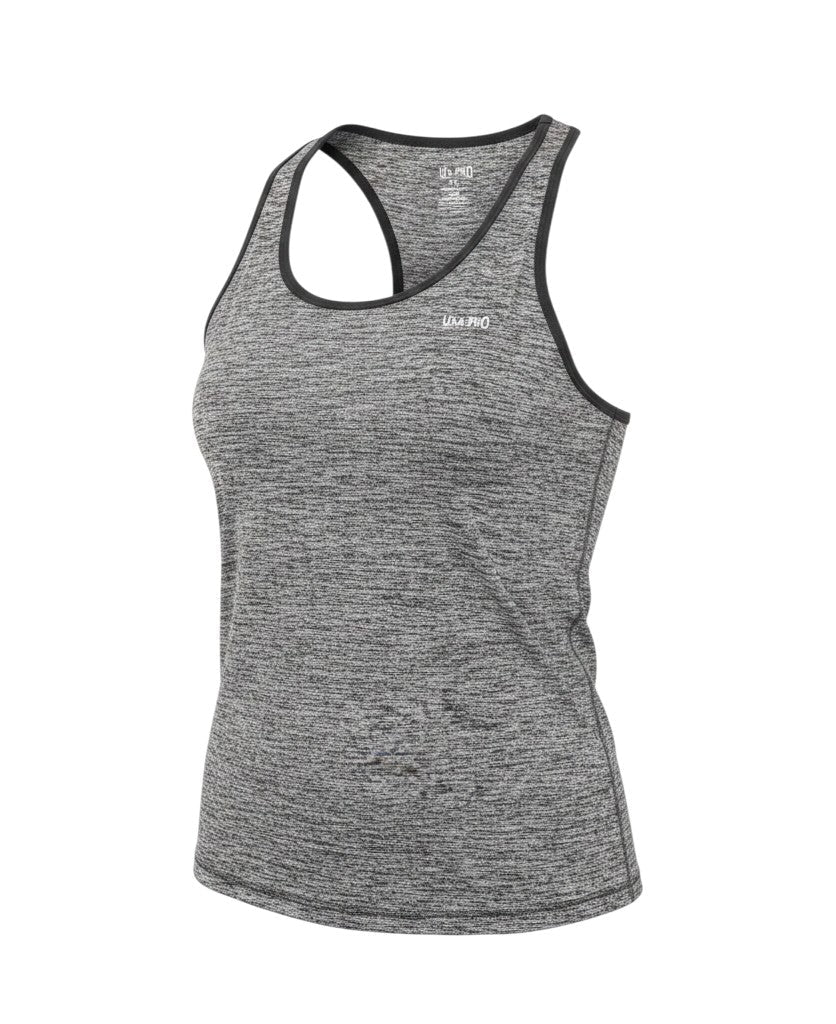 Prewornwholesale USA Pro grey racerback tank top in a lightweight, breathable nylon-polyester blend for gym workouts.