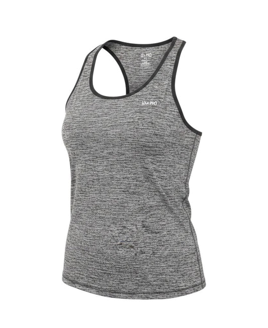 Prewornwholesale USA Pro grey racerback tank top in a lightweight, breathable nylon-polyester blend for gym workouts.