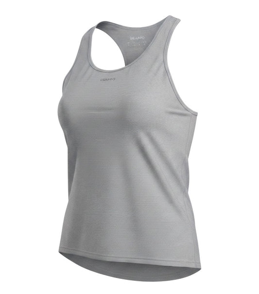 Prewornwholesale USA Pro women's grey striped polyester racerback tank top with a round neck for athletic wear.