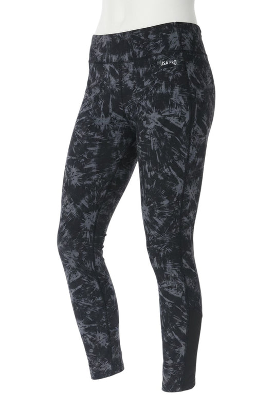 Prewornwholesale USA Pro black and grey tie dye ankle leggings with a mid-rise waistband on a mannequin