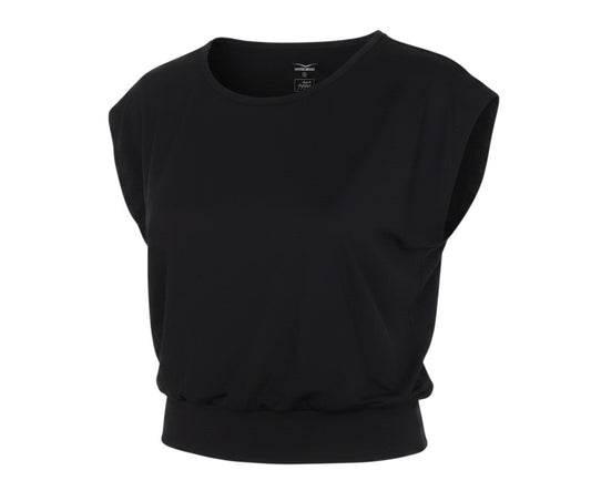 Prewornwholesale Venice Beach black jersey top with cap sleeves and a round neck, made from stretchy quick-dry fabric.