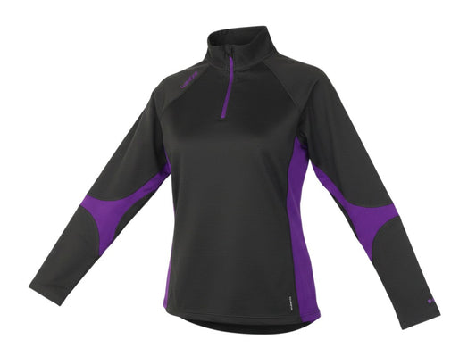 Prewornwholesale Wedze women's black and purple 1/4 zip ski pullover with raglan sleeves and high neck