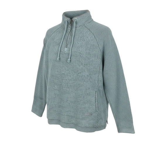Prewornwholesale Weird Fish women's blue textured fleece sweatshirt with quarter-zip, high neck, and front pockets.