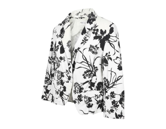 Prewornwholesale Marks and Spencer white blazer with black floral print, linen blend with notch lapels and pockets.