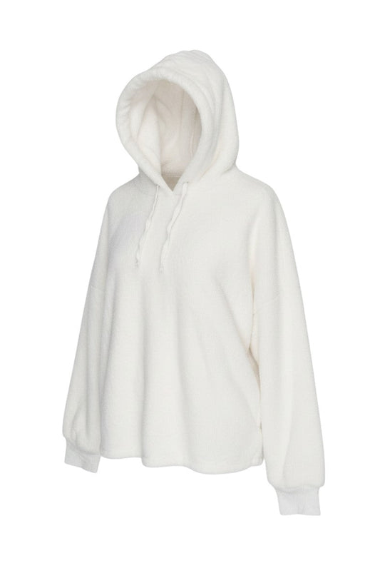 Prewornwholesale white fleece pullover hoodie with a drawstring hood and ribbed cuffs for a relaxed, cosy fit.