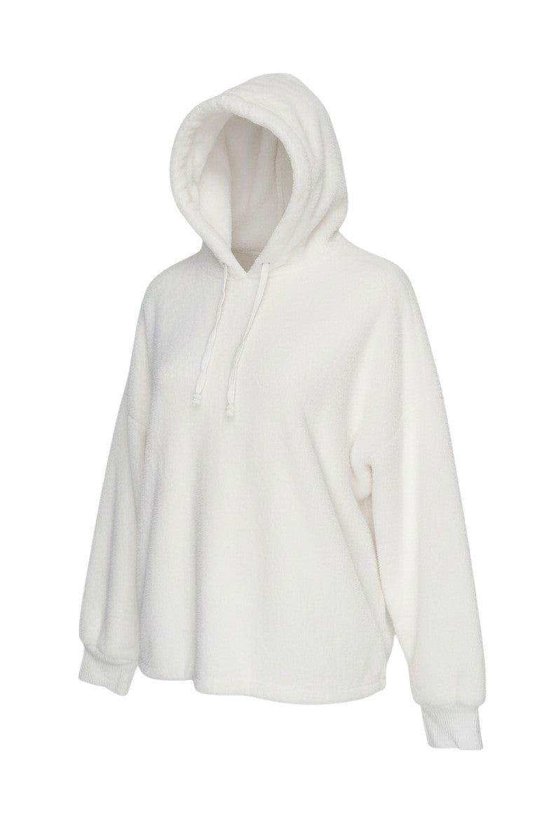 Prewornwholesale white plush fleece pullover hoodie with an adjustable drawstring hood and ribbed cuffs.