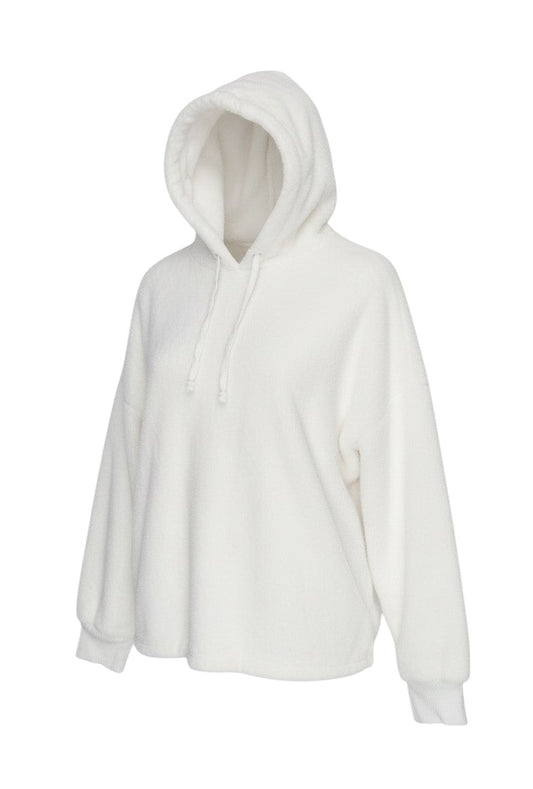 Prewornwholesale white plush fleece pullover hoodie with an adjustable drawstring hood and ribbed cuffs.