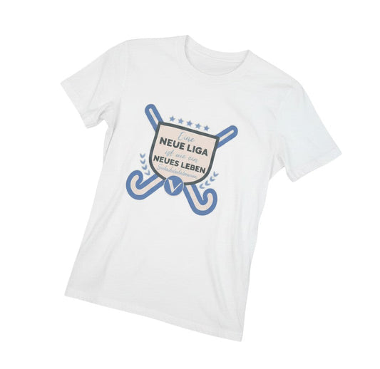 Prewornwholesale white unisex crew neck t-shirt featuring a blue field hockey graphic print on the chest.