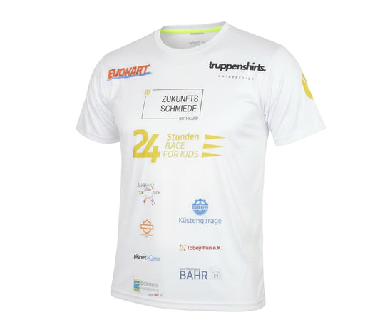 Prewornwholesale white polyester active T-shirt with various sponsor logos and crew neck for sports and running