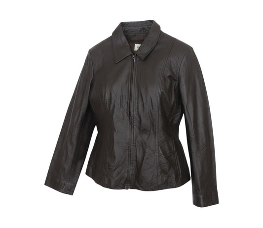 Prewornwholesale Windsmoor women's dark brown leather jacket with a collared neckline and full front zip closure.