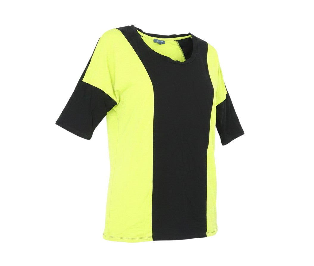 Prewornwholesale yellow and black colourblock viscose scoop neck t-shirt with short sleeves