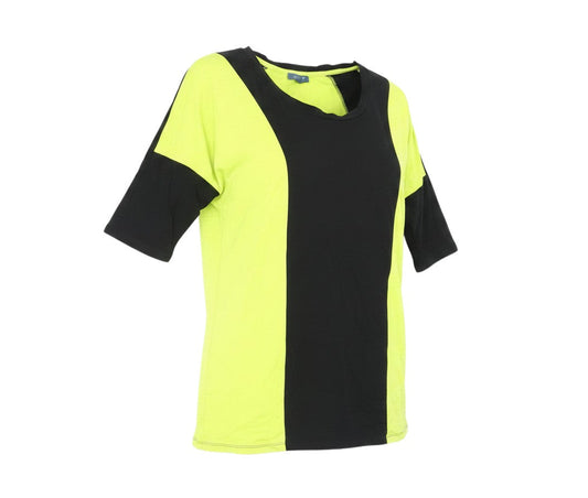 Prewornwholesale yellow and black colourblock viscose scoop neck t-shirt with short sleeves