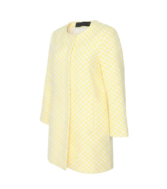 Prewornwholesale Zara Basic yellow and white check collarless mid-length jacket with long sleeves and front pockets.