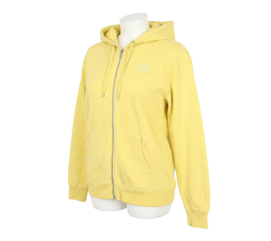 Prewornwholesale yellow Lazy Jacks zip-up hooded jacket with front pockets and ribbed cuffs on a mannequin