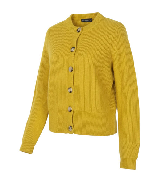 Prewornwholesale yellow rib knit cardigan with a round neckline and marbled buttons in a wool blend fabric