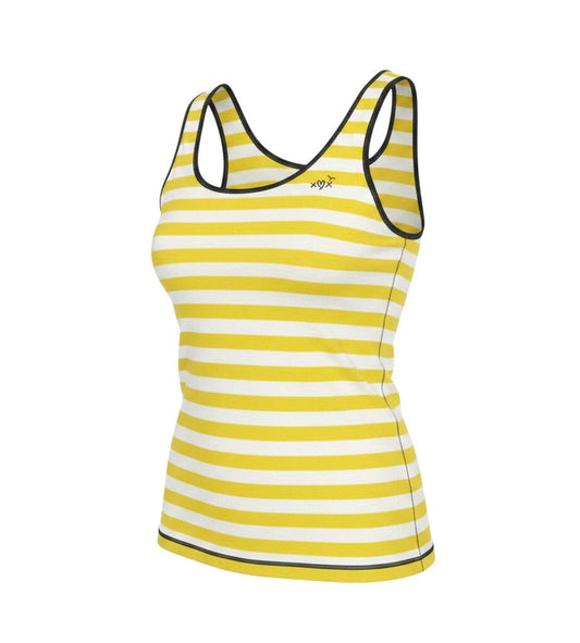 Prewornwholesale Oui yellow and white striped sleeveless tank top with black trim and scoop neckline