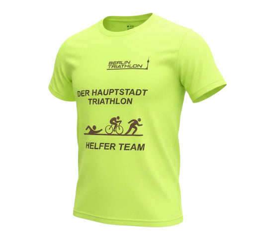 Prewornwholesale unisex yellow Berlin Triathlon Helfer Team polyester crew neck t-shirt with graphic print