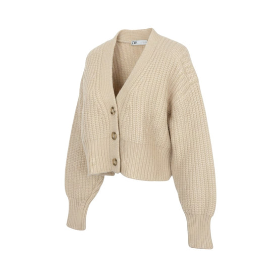 Prewornwholesale Zara beige chunky knit V-neck cardigan with button front and ribbed cuffs in an alpaca blend