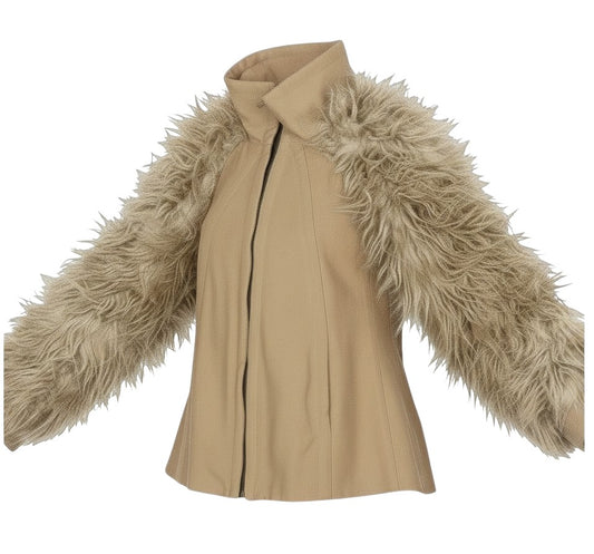 Prewornwholesale ZARA BASIC beige wool bomber jacket featuring long faux fur sleeves, high collar, and front zip.