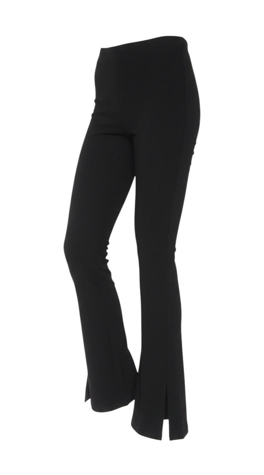 Prewornwholesale Zara women's black high-rise stretch knit flared trousers with a side slit hem detail.