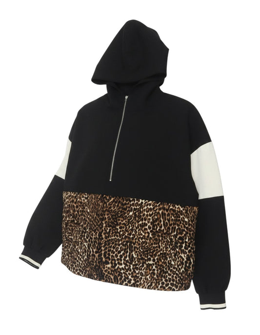Prewornwholesale Zara Basic women's black half-zip hoodie with ivory sleeves and leopard print body panel