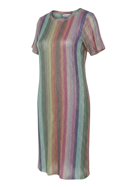 Prewornwholesale Zara midi sheath dress featuring a vibrant multicoloured vertical sequin stripe pattern and round neck