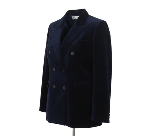 Prewornwholesale Zara navy blue velvet double-breasted tuxedo blazer with peak lapels and structured tailored fit.