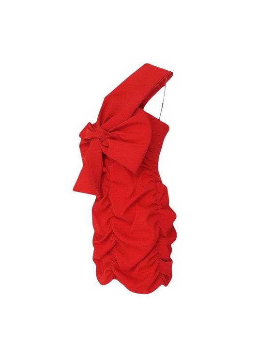 Prewornwholesale ZARA red one-shoulder bodycon party dress with ruched detailing and a large statement bow accent.