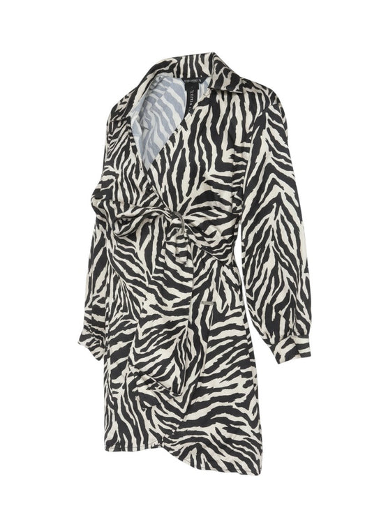Prewornwholesale I Saw It First black and ivory zebra print long sleeve wrap dress with a V-neck and tie waist.